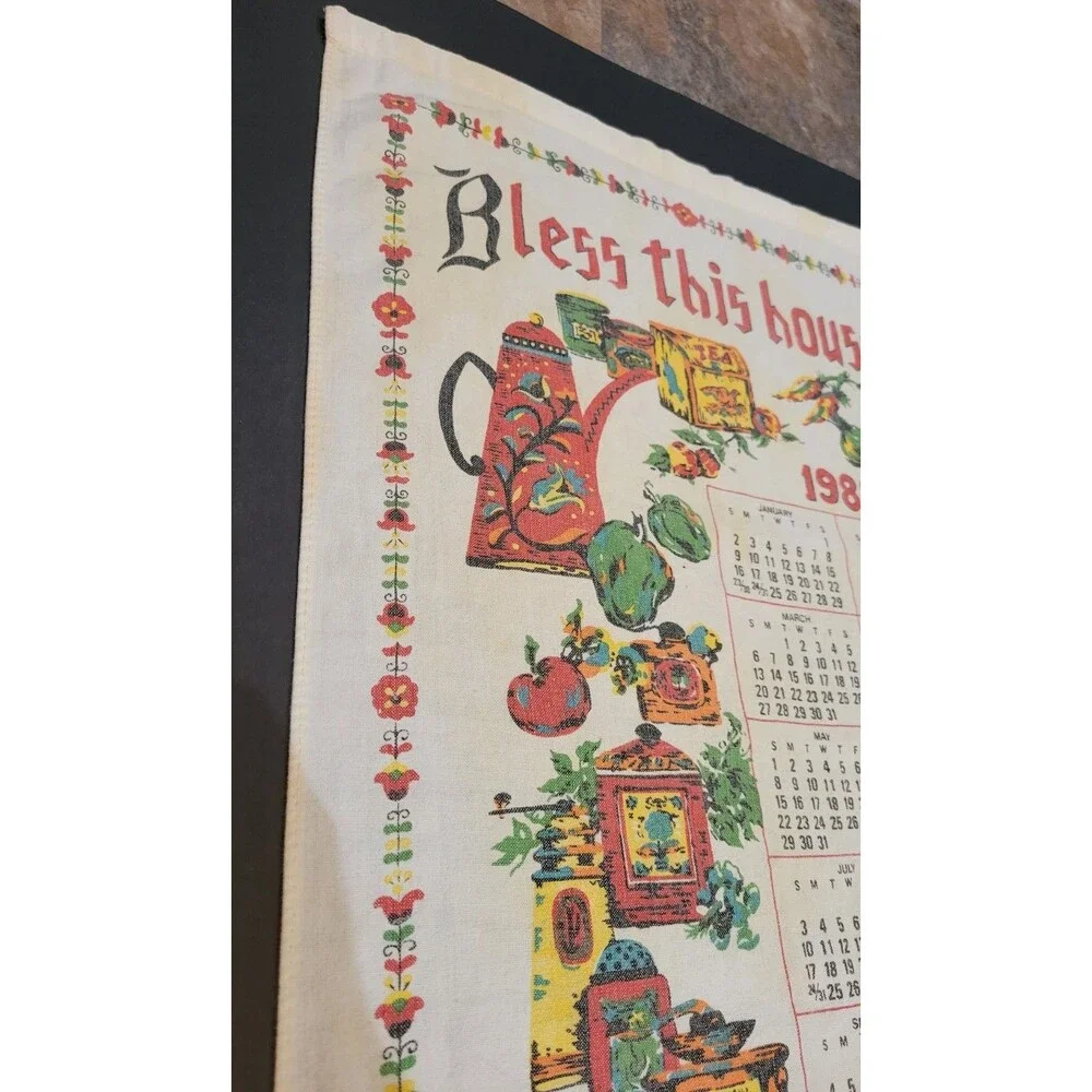 Vintage 1983 Calendar Tea Towel Bless This House colorful well loved